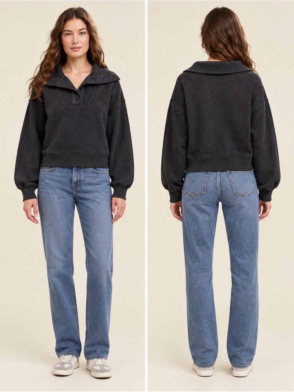 Aerie Best Button Sweatshirt Charcoal Gray Ribbed Collar Pullover Small